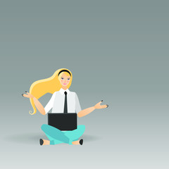 Working woman sitting on the floor wo, freelance successful job. Female  manager at a remote job, online assistant at work, promotion in the network. Cute cartoon vector illustration for web and print