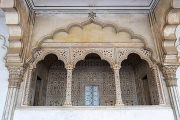 India, Agra - January 7 2020 - The islamic arches in hall of public audience agra fort