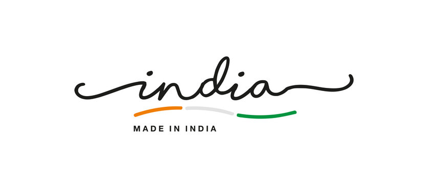 Made in India handwritten calligraphic lettering logo sticker flag ribbon banner