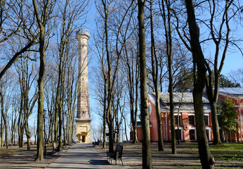 Naklejka premium Gomel park. The tower remained from a former sugar factory. In the underground room of the production building was a boiler room