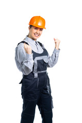 girl civil engineer is very happy about some success. Isolated