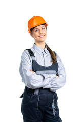 girl civil engineer smiling at the camera and ready to start work. Isolated