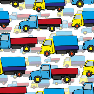 Bright cartoon trucks on a white background. Seamless pattern. Side view. Vector hand drawing. Texture.