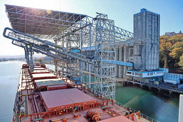 Cargo terminal for loading grain cargo by shore cranes. Port Tacoma,WA, USA. October, 2019.