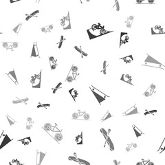 Cotton fabric Set Bicycle on street ramp, Rafting boat, Skateboard on street ramp and Bicycle on seamless pattern. Vector