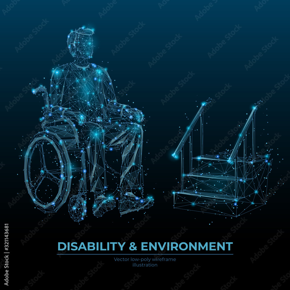 Poster disability and environment low poly wireframe banner vector template. accessibility social media pos