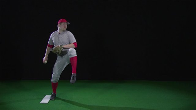 SLO MO, WS, Lockdown baseball player winding up and pitching a baseball
