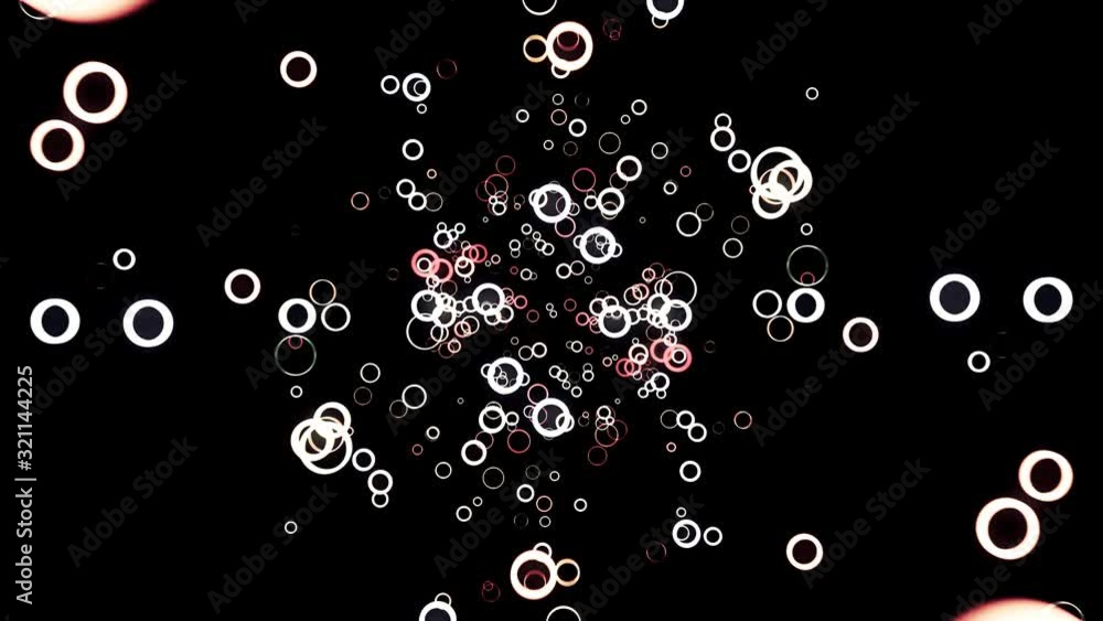Poster abstract background with animation of flying circles on black background, seamless loop. animation. 