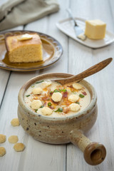 Creamy potato and bacon soup with cornbread.