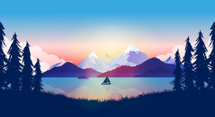 Calm lake in beautiful nature landscape. Boat on water in sunset, mountains reflecting in the ocean a late evening, peace and quiet background. Adventure, traveling concept in vector illustration.