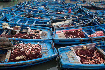 Fototapeta na wymiar Blue fishing boats with fishing equipment in harbor