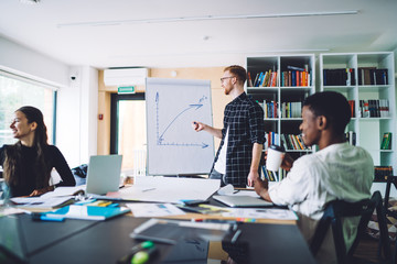 Cheerful team of young coworkers laughing during time for seminar presentation at flip chart, smiling man mentoring to successful male and female university colleagues feeling good indoors