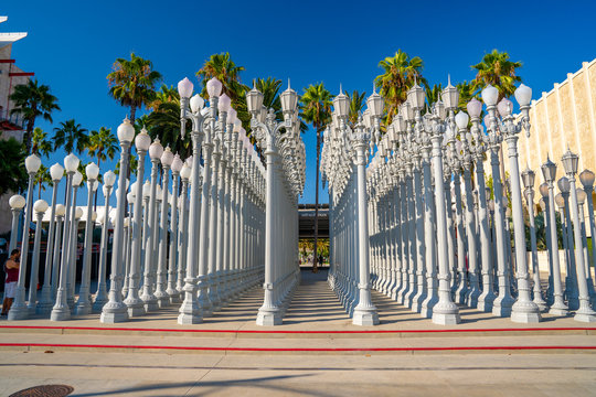 'Urban Light' - a large-scale assemblage sculpture by Chris Burden at the Los Angeles County Museum of Art. The installation consists of 202 restored street lamps.