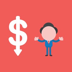 Vector illustration concept of businessman character with dollar symbol arrown moving up on red background.
