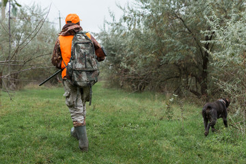 A man with a gun in his hands and an orange vest on a pheasant hunt in a wooded area in cloudy...