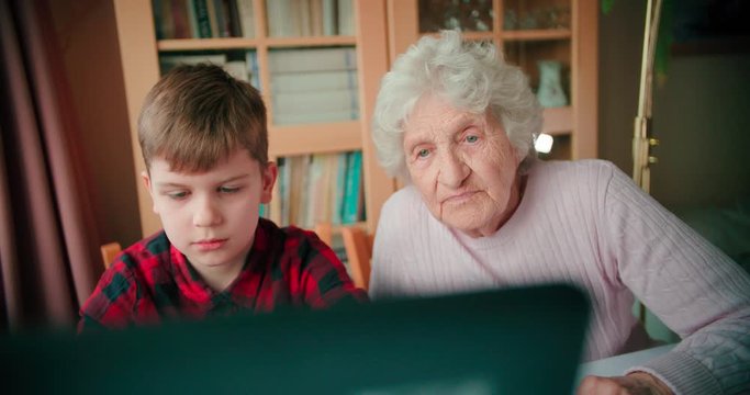 Grandson and grandmother sitting in front of laptop and staring at the screen