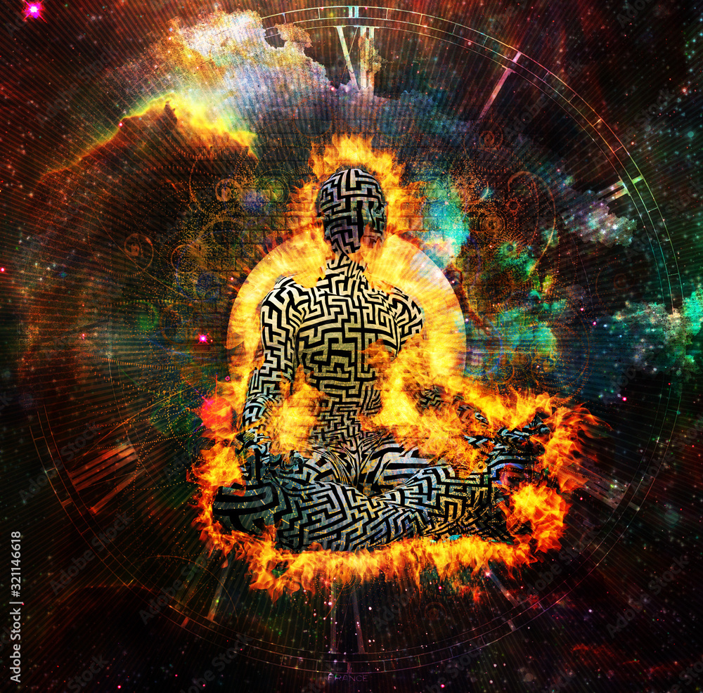 Poster burning man with maze pattern meditate in lotus pose. clock face and vivid universe background