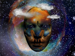 Mask with the image of man, hands of a prayer and seashore. Colorful universe on background