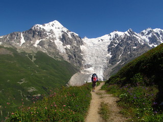 Obraz premium Mountain landscape of Svaneti on bright summer sunny day. Mountain lake, hills covered green grass on snowy rocky mountains background. Caucasus peaks in Georgia. Amazing view on wild georgian nature