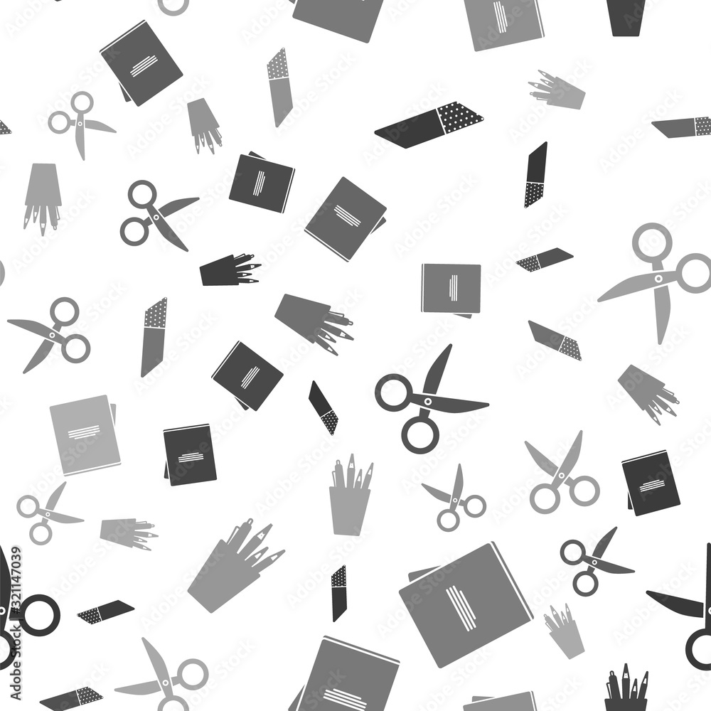 Poster set eraser or rubber, notebook, scissors and pencil case stationery on seamless pattern. vector