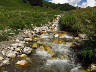Mountain landscape of Svaneti on bright summer sunny day. Mountain lake, hills covered green grass on snowy rocky mountains background. Caucasus peaks in Georgia. Amazing view on wild georgian nature