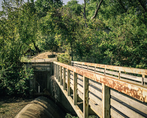Fototapeta premium Wooden Bridge Walkway over a Dam in a Park