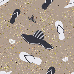 Cute summer beach seamless pattern with flip-flops, beautiful women's hat in navy, seashells and Scorpion on a sandy background. Backdrop for website, beach bags, fabric.Vector flat illustration