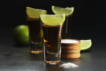 Shots with tequila with salt and lime	