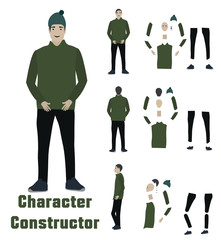 A young man in a green jacket, blue hat and black pants - isolated on white background. Flat character constructor in vector for motion design and cartoons. 
