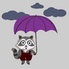A little gray cartoon raccoon in red pants holds a purple umbrella in his hands. Flat vector concept card.