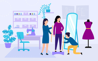 Sewing Studio Concept. Process of Designing and Making Clothes. Dressmakers Are Measuring Girl s Clothes Size. Clothing Designer or Tailor Working at Atelier. Cartoon Flat Style. Vector Illustration
