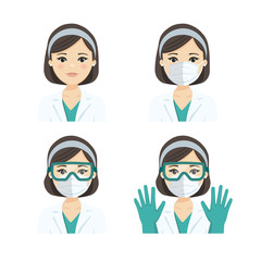 Young female doctor wearing the n95 respiratory protection mask, glasses and gloves, against infectives diseases. Vector illustration