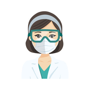 Young Female Doctor Wearing The N95 Respiratory Protection Mask And Glasses, Against Infectives Diseases. Vector Illustration