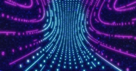 Neon Circle background with data tunnel. Fluorescent Ultraviolet lights ed animation . Virtual reality future design 3d render. Technology design.