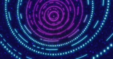 Neon Circle background with data tunnel. Fluorescent Ultraviolet lights ed animation . Virtual reality future design 3d render. Technology design.