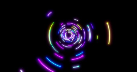 Glowing neon lines tunnel. Blue red pink and violet colorful lighting. Seamless 3D rendering for night club. 3D illustration