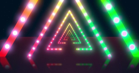Abstract neon flying triangle tunnel with fluorescent ultraviolet light. Different Colors Rainbow.