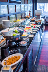 Breakfast Buffet Concept. Breakfast Time in Luxury Hotel. Food Buffet Catering Dining Eating Party...