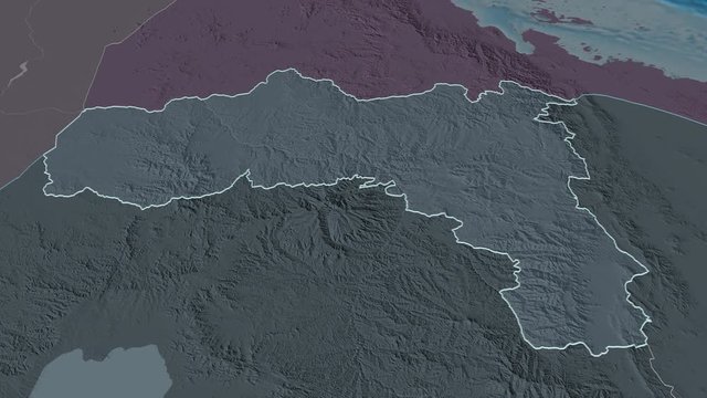 Tigray, state with its capital, zoomed and extruded on the administrative map of Ethiopia in the conformal Stereographic projection. Animation 3D
