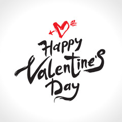 Happy Valentine's Day modern calligraphy. Handwritten lettering. Black calligraphic text with red heart pierced by arrow isolated on white background. Valentines day holidays typography. Vector illust