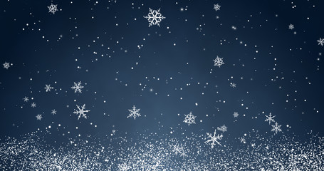 Snowflakes and bokeh lights on the blue Merry Christmas background. 3D rendering