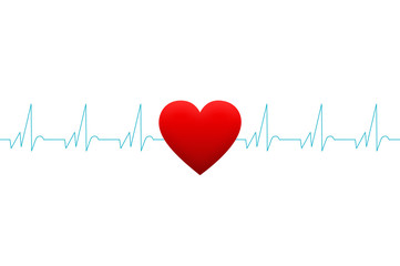 Red heart and blue pulse on the white background. Healthcare and medical concept