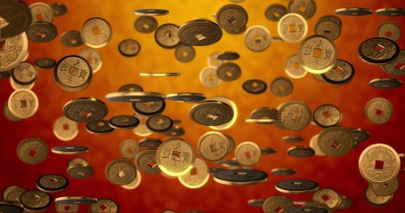 Chinese new year background, Golden coins 3d texture. 3D rendering