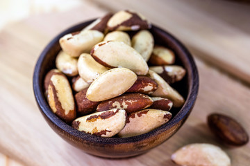 small rustic wooden pot with peeled Brazil nuts. Brazil nut, healthy food.