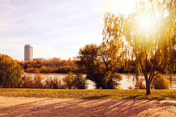 Torre del agua in Zaragoza behind the Ebro river in a sunny day, Spain