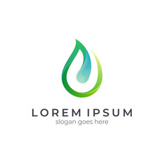 Leaf water drop logo design, green environment vector illustration, nature logo template.