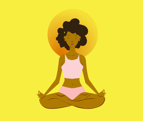 Black young woman, practicing yoga in the lotus pose. Healthy lifestyle and wellness concept. Flat cartoon vector illustration for meditation, recreation, Yoga Day. Isolated on light yellow background