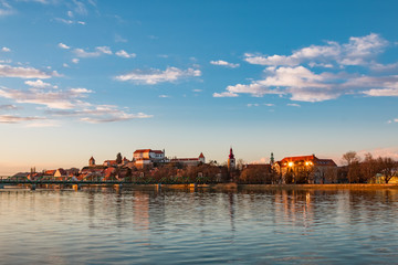 Cityscape of the Slovenia's oldest city Ptuj at the sunset