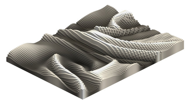 Voxel terrain landscape pixel art sample - 3D brick world -  isometric logarithmic model relief concept  illustration