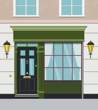 Vector image of London house facade . Retro style of house or shop. Eps 10.